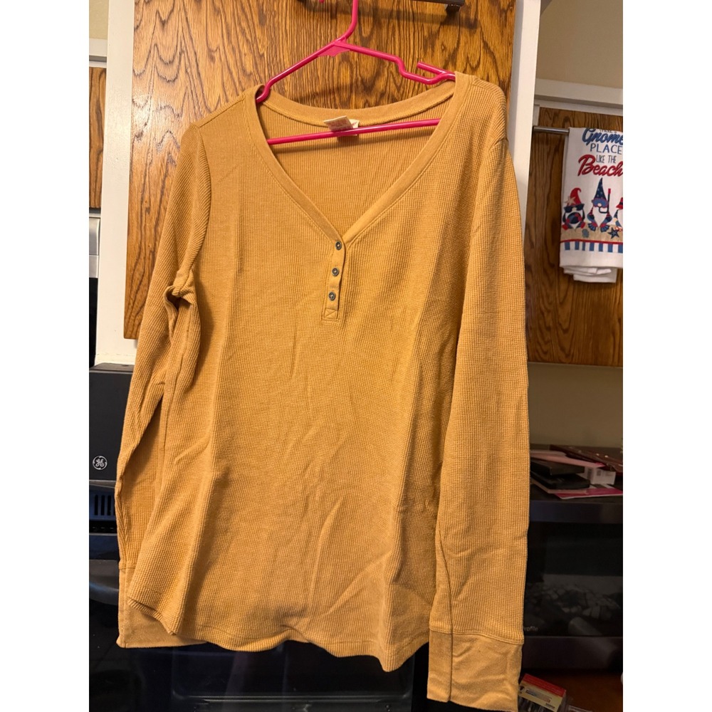 Faded Glory Mustard Yellow Waffle Knit Henley Long Sleeve Thermal Top XL 16-18